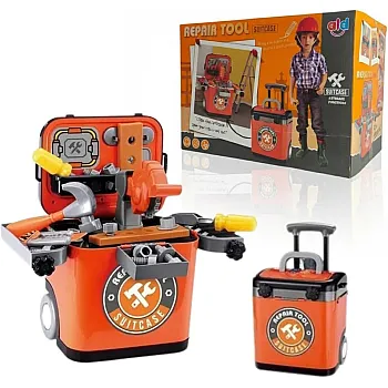 Transforming Little Engineer Tool Case, 2 in 1 Toy Converts from Trolley Travel Case to Integrated Workbench with Saw, Screwdriver and Hammer.