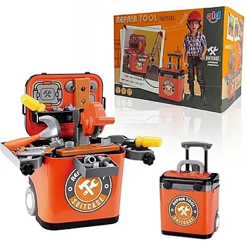 Transforming Little Engineer Tool Case, 2 in 1 Toy Converts from Trolley Travel Case to Integrated Workbench with Saw, Screwdriver and Hammer.