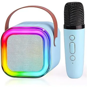 Kinoki Colorful Bluetooth Speaker with Karaoke Mic System for Home Singing Magic Ai Voice Changer Portable Mini Wireless Speaker with Mike for House Parties Birthday Gifts Events (Retro Jam)- Blue