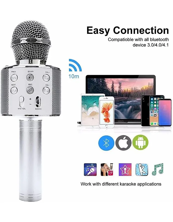 Madon Wireless Karaoke Microphone Bluetooth Handheld Speaker Home Party Player Christmas Birthday Gift for Kids (Silver)