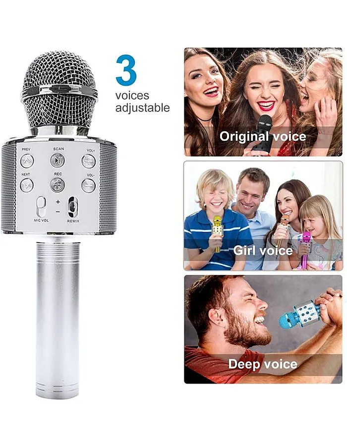 Madon Wireless Karaoke Microphone Bluetooth Handheld Speaker Home Party Player Christmas Birthday Gift for Kids (Silver)