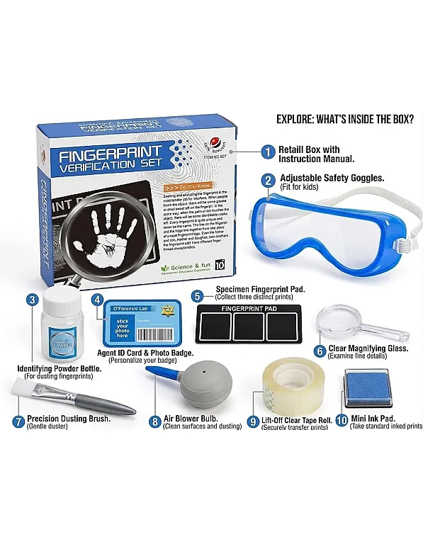 Fingerprint Test Kit Toy for Kids - Educational Science Experiment Kit (STEM) for Exploration and Investigation Lovers - Gift for Boys and Girls Ages 5+