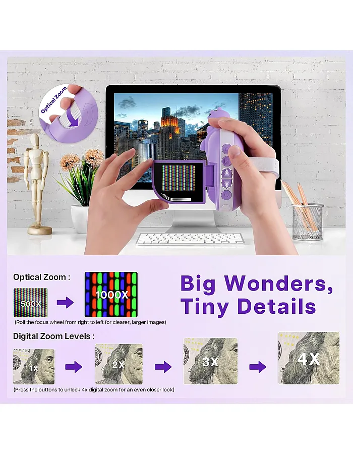 Dino Kids Microscope, 1000X Portable Microscope for Kids, Mini Digital Microscope with 2" Screen, Educational Science Kit Birthday Gifts, Age 4-12, 32GB TF Card Included (Violet)