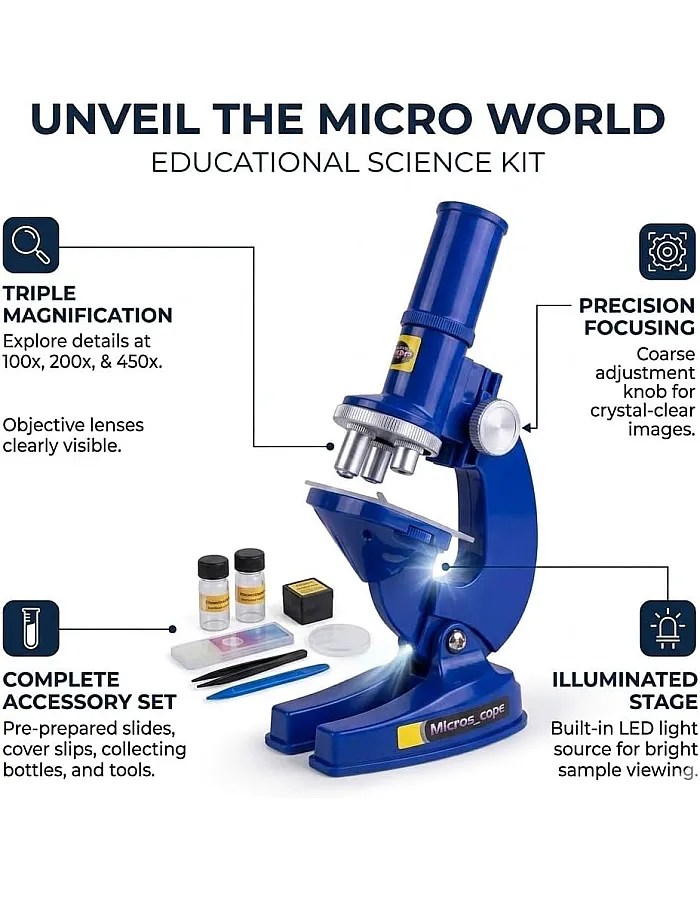 Educational Microscope Kit for Kids & Beginners,100x 150x 200x Magnification Science Lab Set with LED Light for STEM Learning, Blue Toy Science Discovery,Science toy,Student Microscope