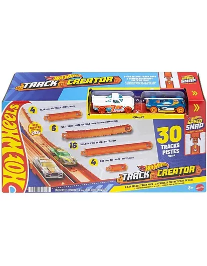 Hot Wheels - Track Creator Deluxe Track Set with 2 1:64 Scale Cars Included and 7 Meters of Speed Snap Track Pieces and Connectors with Different Lengths, Toy for Kids, 3+ Years, JDW42