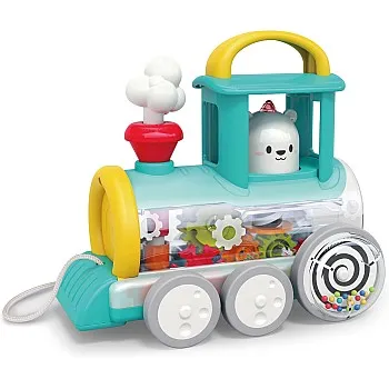 Hola Pull Along Train Engine for Toddlers 6M+, Interactive Toy w/Spinning Bear, Rotating Gears & Moving Smoke, Encourages Crawling, Hand-Eye Coordination, Sensory & Motor Skills, STEAM Toys - Yellow