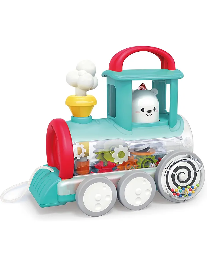 Hola Pull Along Train Engine for Toddlers, Interactive Toy w/Spinning Bear, Rotating Gears & Moving Smoke, Encourages Crawling, Hand-Eye Coordination, Sensory & Motor Skills, STEAM Toys - Red