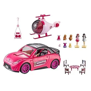 Fashion Fever Girls' Pink Toy Playset with Sports Car, Helicopter, Mini Dolls, Furniture Accessories