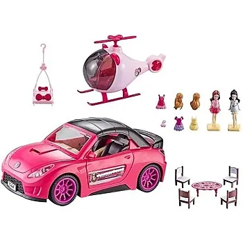 Fashion Fever Girls' Pink Toy Playset with Sports Car, Helicopter, Mini Dolls, Furniture Accessories