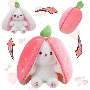 MIAODAM Bunny Stuffed Animal Reversible Cuddle Bunny Stuffed, Strawberry Rabbit 7 inch Plush Zipper, Carrot That Turns Into Ears Bunnies Plushies Toy Cute Stuffy Doll Easter Gift