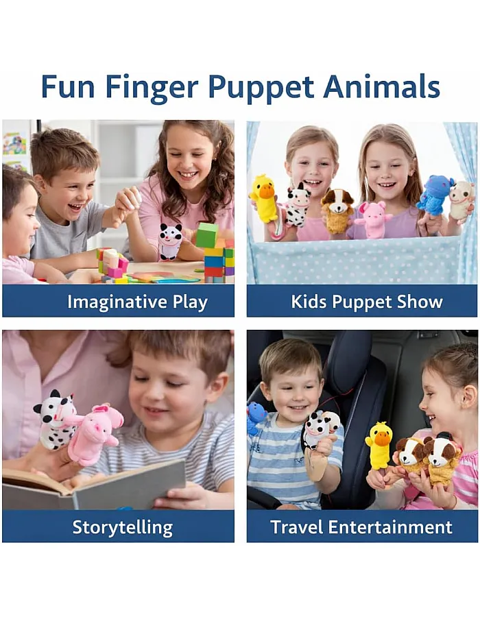 Set Of 5 Finger Puppets Soft Velvet Animal Mini Cartoon Zoo Characters For Storytelling Educational Shows Games Learning Theater Creative Play Set (Elephant-Duck-Cow-Dog-Hipos)