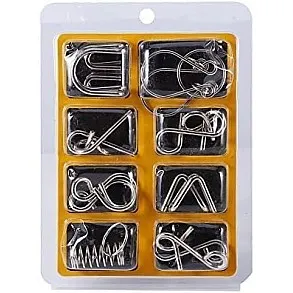 Metal Wire Puzzle Set, 8 Different Brain Teasers, Silver
