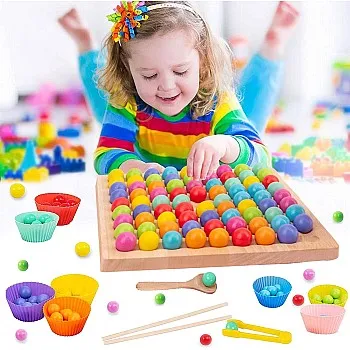 Meiruier Rainbow Puzzle, Montessori Toy from 2 3 4 Years, Wooden Clip Beads Board Game, Montessori Board Game, Wooden Puzzle, Rainbow Bead Game, Early Education Puzzle Board Game