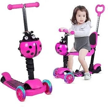 5-in-1 Kids Scooter, 3 Wheels Baby Scooter Kick Scooter with Adjustable Removable Seat & Backrest & Push Handle, Lightweight Toddler Scooter with Flashing LED Light Up Wheels for Boys and Girls, Pink