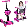 5-in-1 Kids Scooter, 3 Wheels Baby Scooter Kick Scooter with Adjustable Removable Seat & Backrest & Push Handle, Lightweight Toddler Scooter with Flashing LED Light Up Wheels for Boys and Girls, Pink