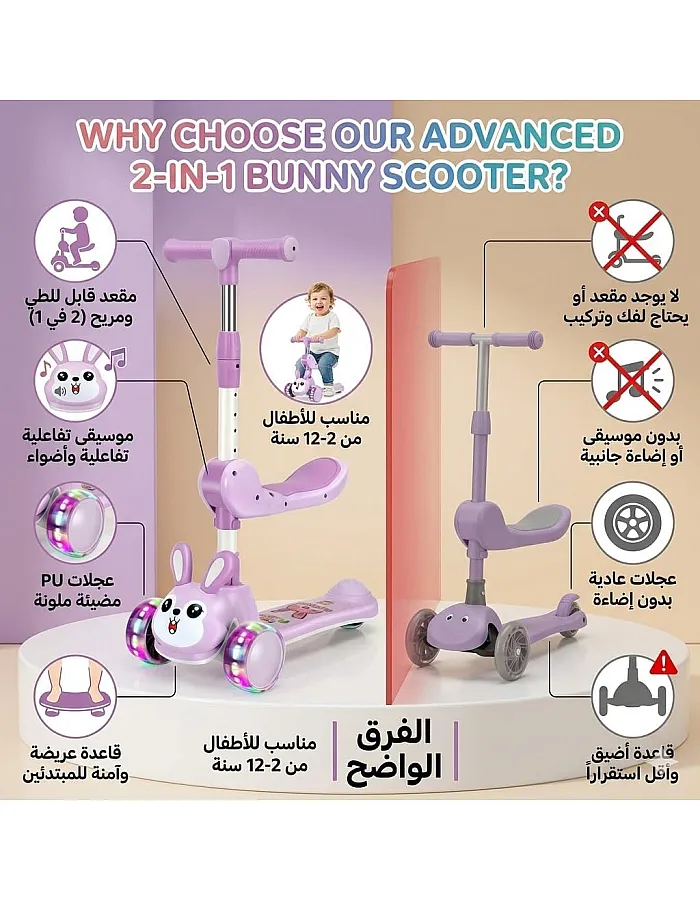 سكوتر أطفال 3 عجلات بتصميم أرنب لطيف، مزيد بمقعد قابل للطي،مع موسيقى وإضاءة جانبية- سكوتر 2 في 1 للأطفال من سن 2 إلى 12 سنة للأولاد والبنات تو
