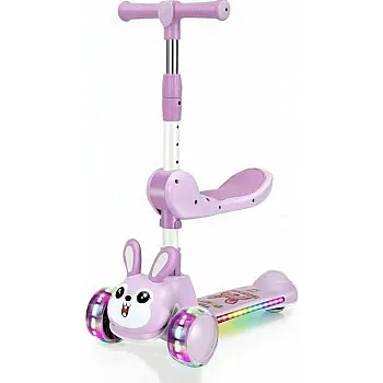 Kids Scooter 3 Wheels Cute Rabbit Design, More Foldable Seat, Music and Side Light - 2 in 1 Scooter for Kids Ages 2-12 Boys Girls Reclining Steering