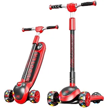 Scooter for Kids High Quality 3 Wheels Big Pedal Foldable PU Height Adjustable LED Light Best Gift Age 3 to 12 Years Red Kid Aluminum Body