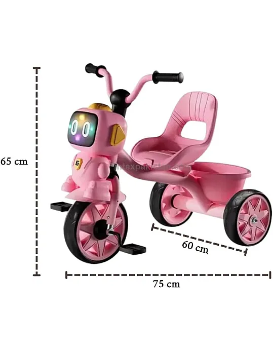 Tricycle with Cartoon Face, Lights & Music – Baby Cycle with Back Basket, 3-Wheel Ride-On for Boys & Girls Ages 2 to 5 (pink) BY HAPPY KIDDO