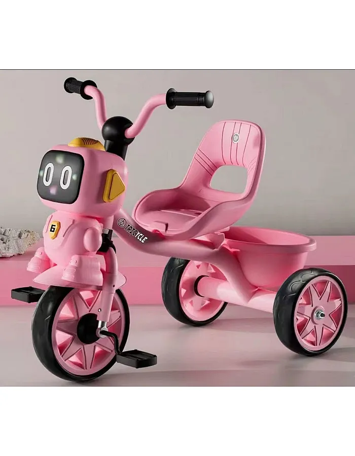 Tricycle with Cartoon Face, Lights & Music – Baby Cycle with Back Basket, 3-Wheel Ride-On for Boys & Girls Ages 2 to 5 (pink) BY HAPPY KIDDO