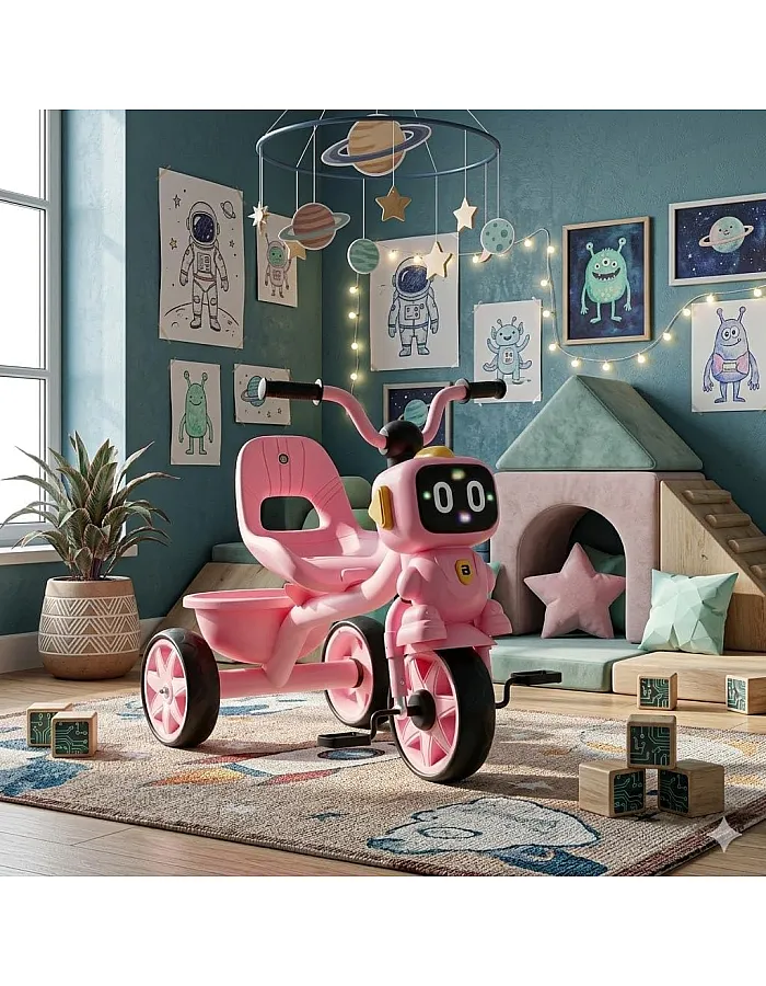Tricycle with Cartoon Face, Lights & Music – Baby Cycle with Back Basket, 3-Wheel Ride-On for Boys & Girls Ages 2 to 5 (pink) BY HAPPY KIDDO