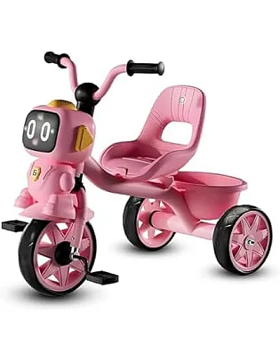 Tricycle with Cartoon Face, Lights & Music – Baby Cycle with Back Basket, 3-Wheel Ride-On for Boys & Girls Ages 2 to 5 (pink) BY HAPPY KIDDO