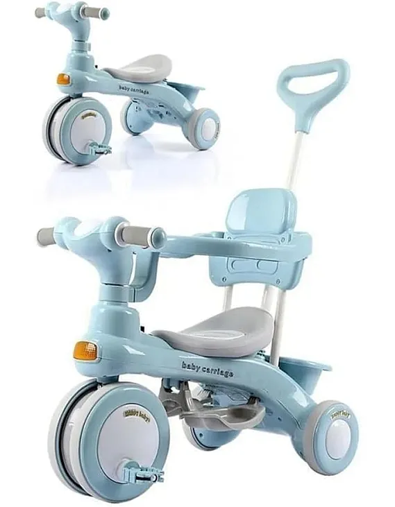 4 in 1 Multifunctional Kids Tricycle with Push Handle for Parents, Ride on Cart Turns into Independent Balance Bike with Music and LED Light, Adjustable Safe Design for Ages 1-6_HAPPY_KIDDO (BLUE)