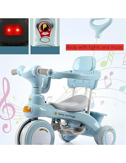 4 in 1 Multifunctional Kids Tricycle with Push Handle for Parents, Ride on Cart Turns into Independent Balance Bike with Music and LED Light, Adjustable Safe Design for Ages 1-6_HAPPY_KIDDO (BLUE)