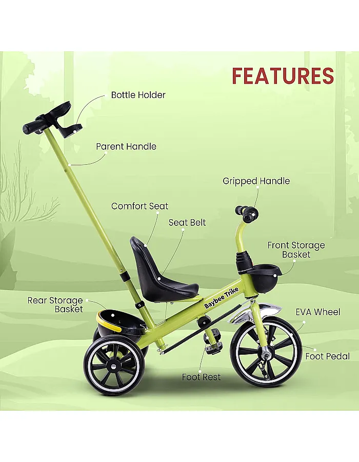 Baybee Smart Plug & Play Baby Tricycle for Kids, Cycle for Kids with Storage Space & Parental Push Handle | Kid Baby Tricycle | Baby Cycle for Kid 2 to 5 Years Boys Girls (Hero Green)