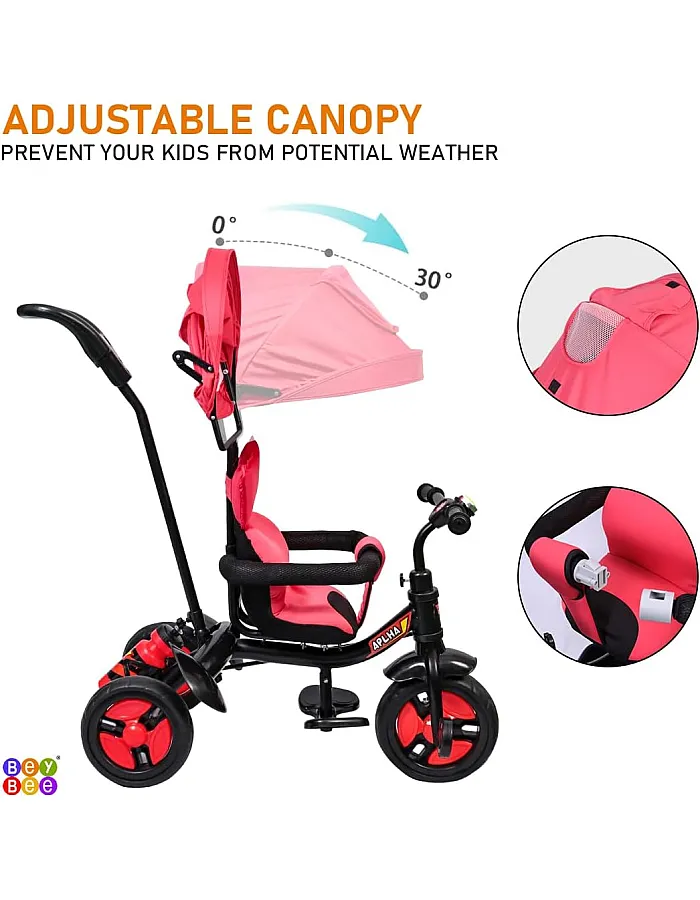 BeyBee| Alpha Secure Baby Tricycle for Kids with Sun Canopy & Parents Handle with Bell and Also with a Water Bottle | Color Wheels for Boys and Girls for Age 1 to 5 yrs (Red)