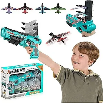 Generic One-button ejection foam airplane toy with 4 gliding launchers, blue