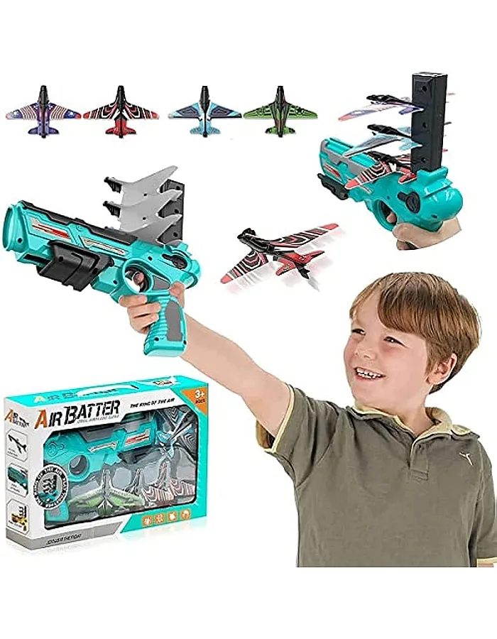 Generic One-button ejection foam airplane toy with 4 gliding launchers, blue