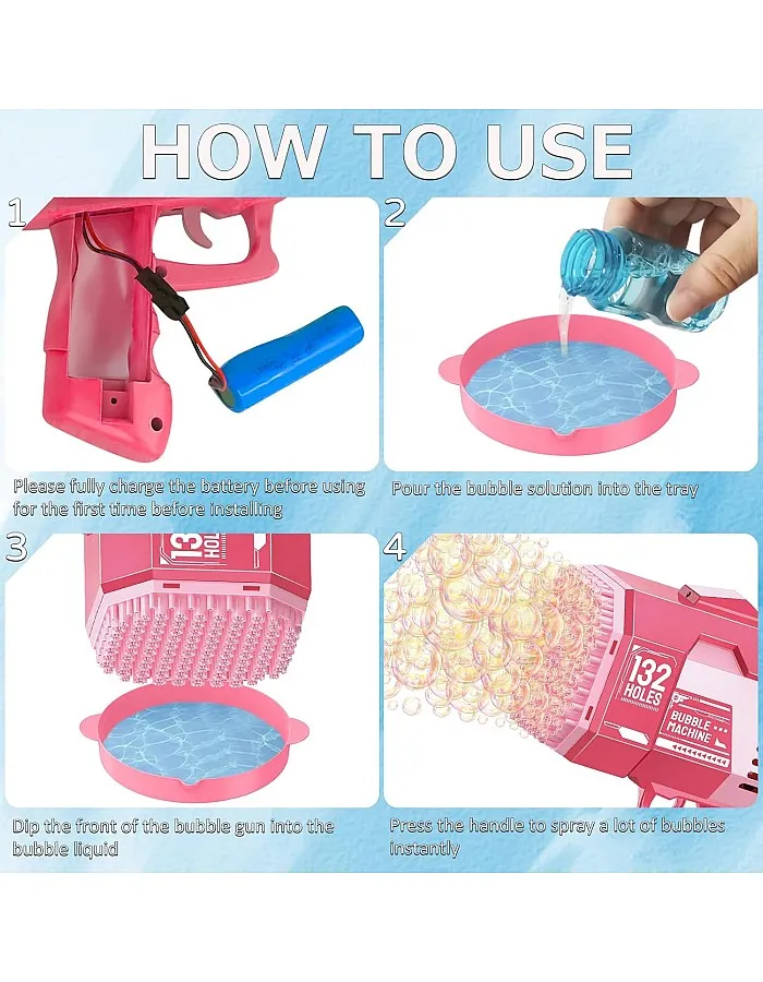 Bubble Machine, 132 Holes Bubble Gun, Bubble Machine Gun with Lights/Bubble Solution, Summer Toy Gift for Toddlers Kids Adults Bubble Blaster for Outdoor Indoor Birthday Wedding Party