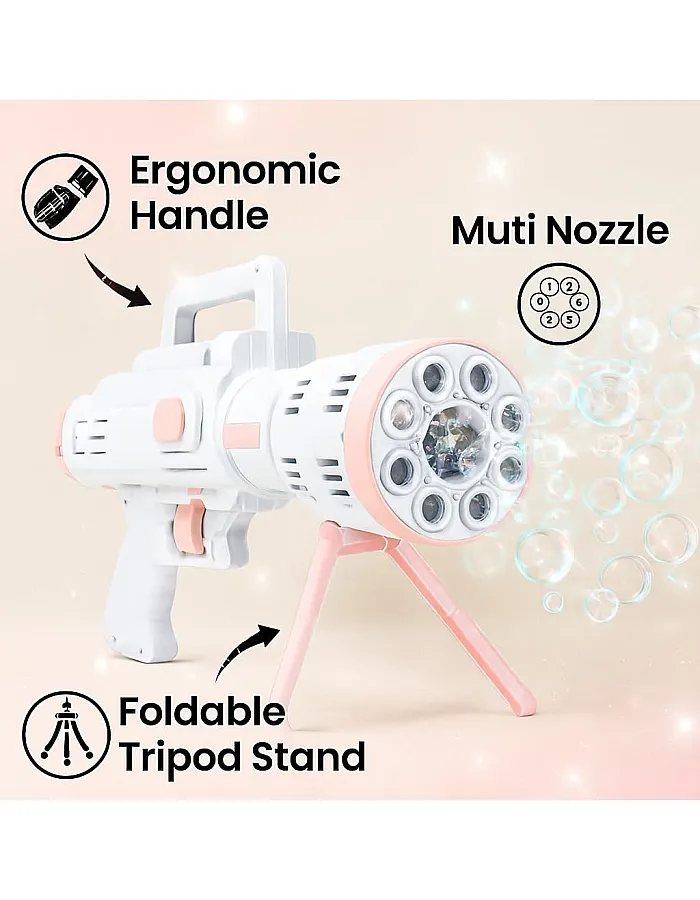 Egypt Hub | Gatling Bubble Toy Gun with Tripod Stand | White & Blue | 8-Hole Automatic Bubble Blower | Kids Outdoor Toy