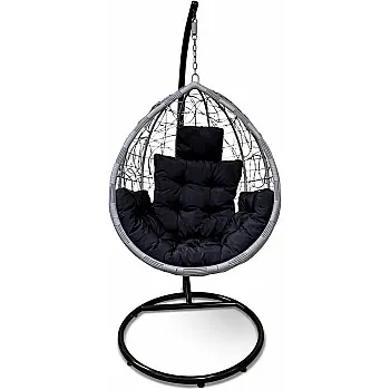 أرجوحة معلقة من الراتان مع حامل معدني أسود ووسادة، كرسي معلق على شكل بيضة للحديقة والشرفة (فضي واسود)