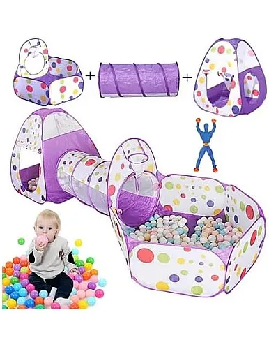 KIDSZONE 3-in-1 Folding Children’s Play Tent – Portable Indoor & Outdoor Playhouse with Tunnel and Ball Pool for Toddlers & Kids Fun Activities (Purple)