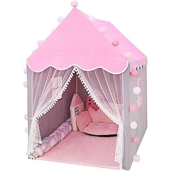 Kids Play Tent House with Curtains and Decorations Clouds and Rain, Pink