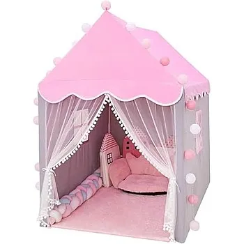 Kids Play Tent House with Curtains and Decorations Clouds and Rain, Pink