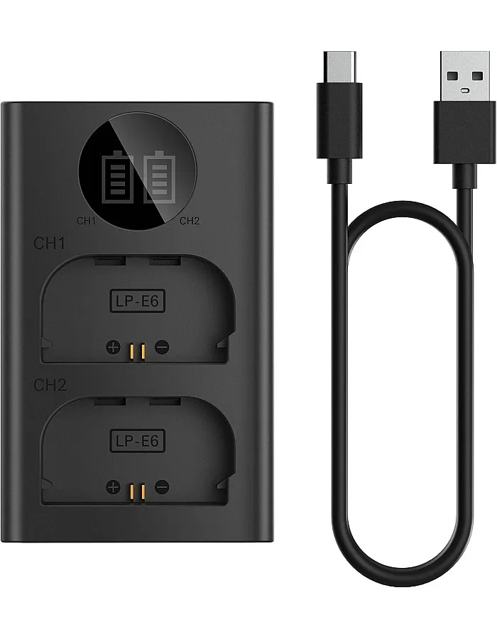 LP-E6 Dual Cameras Battery Charger for Canon LC-E6 LC-E6E LC-E6N LP-E6NH Battery EOS 90D 80D 70D 60D 60DA / 7D 6D 5D Mark II 5D Mark III 6D 5D Mark IV / 5Ds 5DSR EOS R1 R5 R5C R6 R7 / R5 R6 Mark II