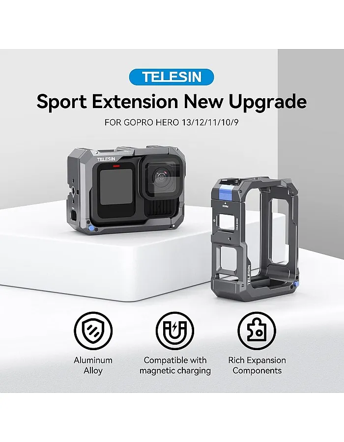 TELESIN Upgraded Aluminum Alloy Cage Frame Housing for Go Pro 13 12 11 10 9 Black, Supports Go Pro 13 Quick-Release System & Magnetic Charging, with 1/4" Thread & Cold Shoe for Video Light Microphone