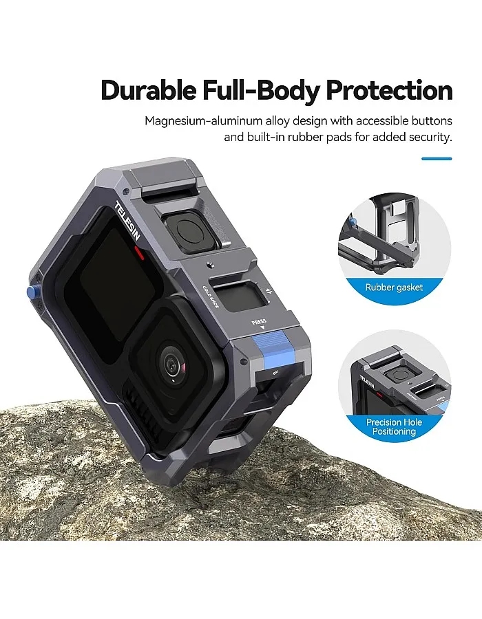TELESIN Upgraded Aluminum Alloy Cage Frame Housing for Go Pro 13 12 11 10 9 Black, Supports Go Pro 13 Quick-Release System & Magnetic Charging, with 1/4" Thread & Cold Shoe for Video Light Microphone