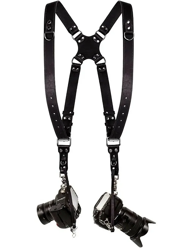 GenPro Black S002 Genuine Leather Dual Camera Strap: Carry Two Cameras in Style and Comfort