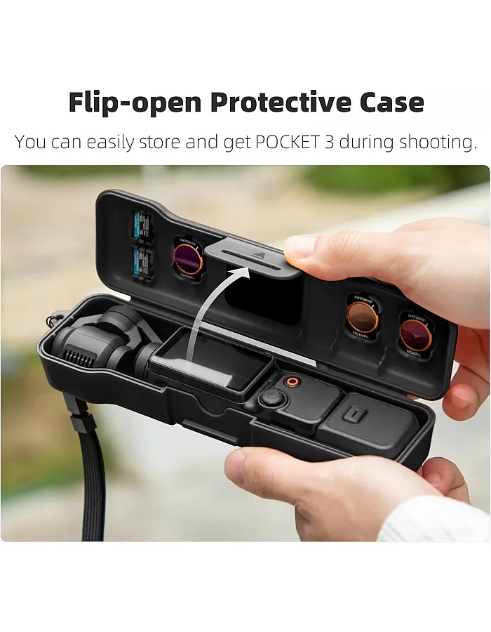 Travel Waterproof Case for Dji Osmo Pocket 3 Creator Combo Accessories, with 3 Magnetic Cpl/Nd Filter Storage Slots and 2 Storage Card Slots, with Wrist Strap (Black)