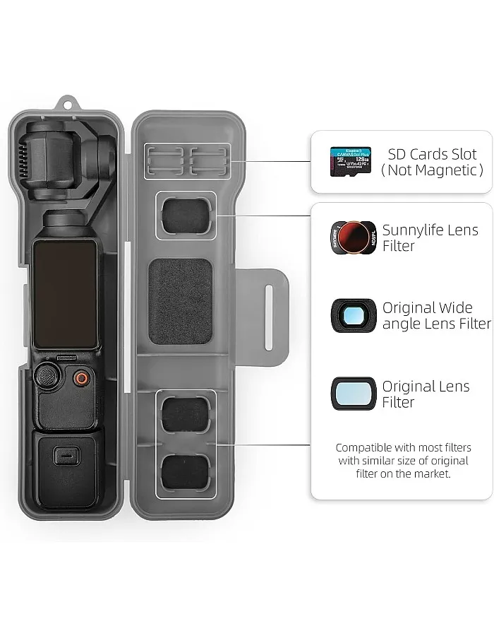 Travel Waterproof Case for Dji Osmo Pocket 3 Creator Combo Accessories, with 3 Magnetic Cpl/Nd Filter Storage Slots and 2 Storage Card Slots, with Wrist Strap (Black)