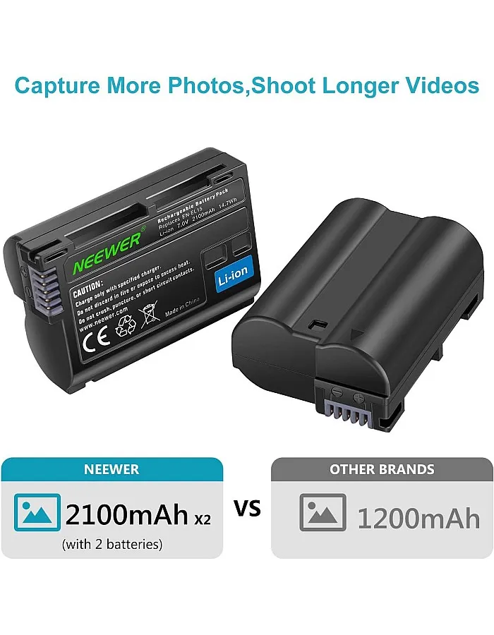 NEEWER EN-EL15 Battery Charger Kit Compatible with Nikon Z5, Z6, Z6 II, Z7, Z7II, D780, D850, D7500, 1V1, D500, D750, D800, D7000, D7100, D7200 (2 Pieces, 2100 mAh).), not compatible with Z. 8 UK