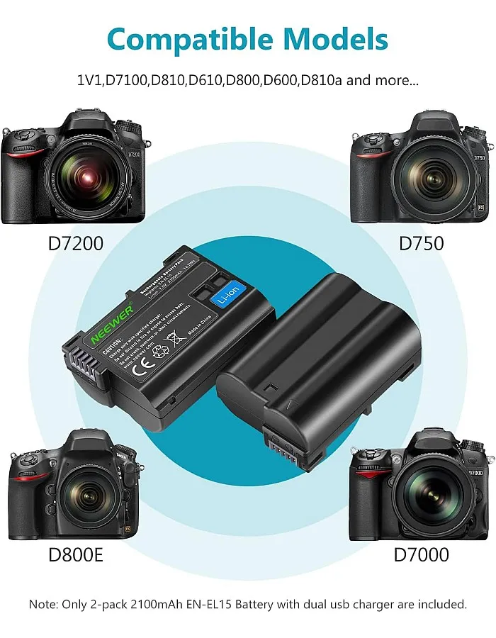 NEEWER EN-EL15 Battery Charger Kit Compatible with Nikon Z5, Z6, Z6 II, Z7, Z7II, D780, D850, D7500, 1V1, D500, D750, D800, D7000, D7100, D7200 (2 Pieces, 2100 mAh).), not compatible with Z. 8 UK