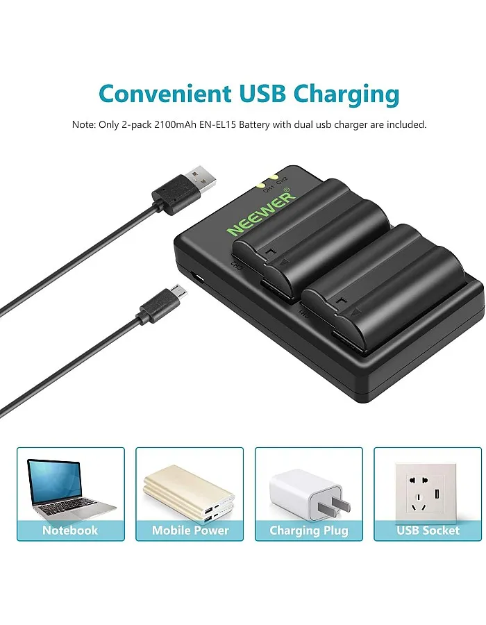 NEEWER EN-EL15 Battery Charger Kit Compatible with Nikon Z5, Z6, Z6 II, Z7, Z7II, D780, D850, D7500, 1V1, D500, D750, D800, D7000, D7100, D7200 (2 Pieces, 2100 mAh).), not compatible with Z. 8 UK