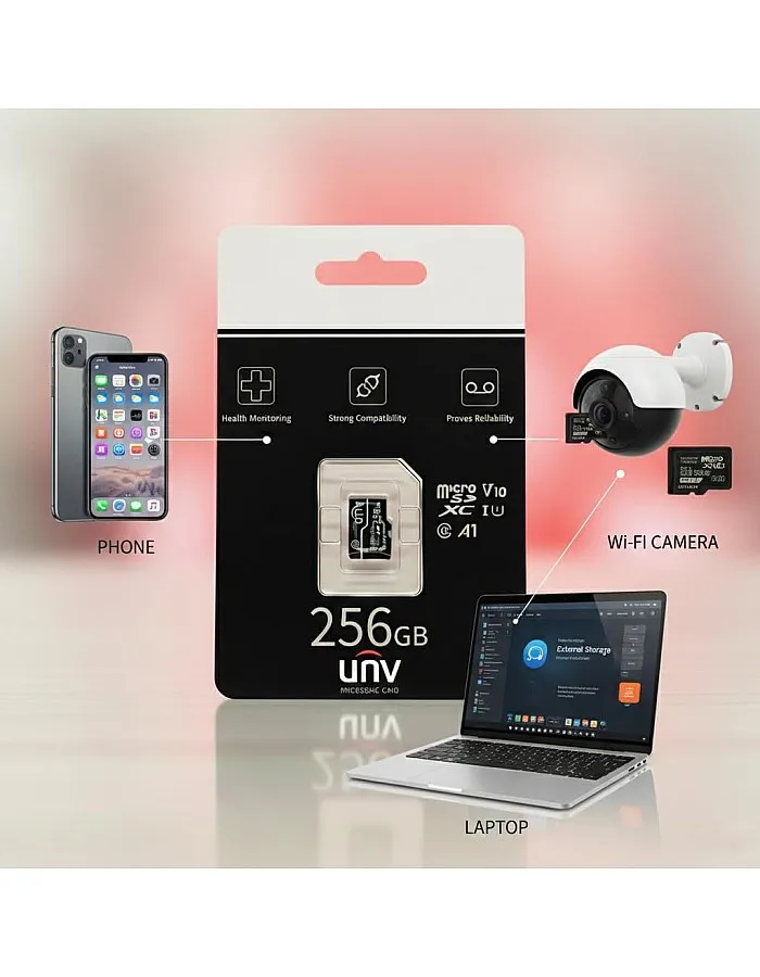 256GB UNV MicroSD TF A1 Continuous Use 24/7 Memory Card with Stable and Reliable Performance – Suitable for Smartphones and Security Cameras – TF-256G-T-C