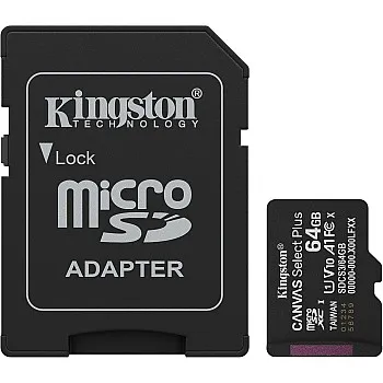 Kingston Canvas Select Plus microSD Memory Card 64GB microSDXC Gen3 100MB/s A1 Card + Adapter - SDCS3/64GB