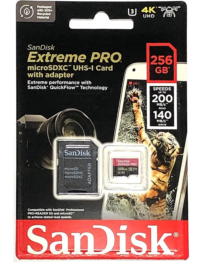 SanDisk microSDXC 256GB Extreme PRO SDSQXCD-256G-GN6MA R: 200MB/s W: 140MB/s UHS-I U3 V30 4K Ultra HD A2 Compatible with SD Adapter Included